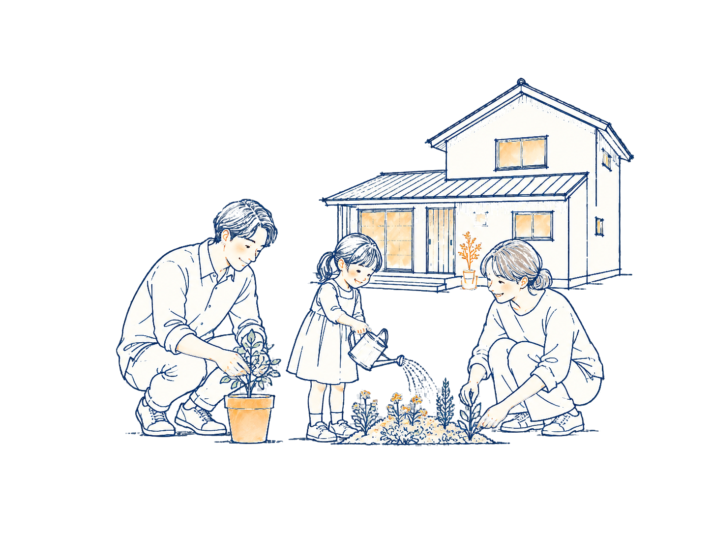 家の前の小さな庭で、家族が植物の手入れをするイラスト