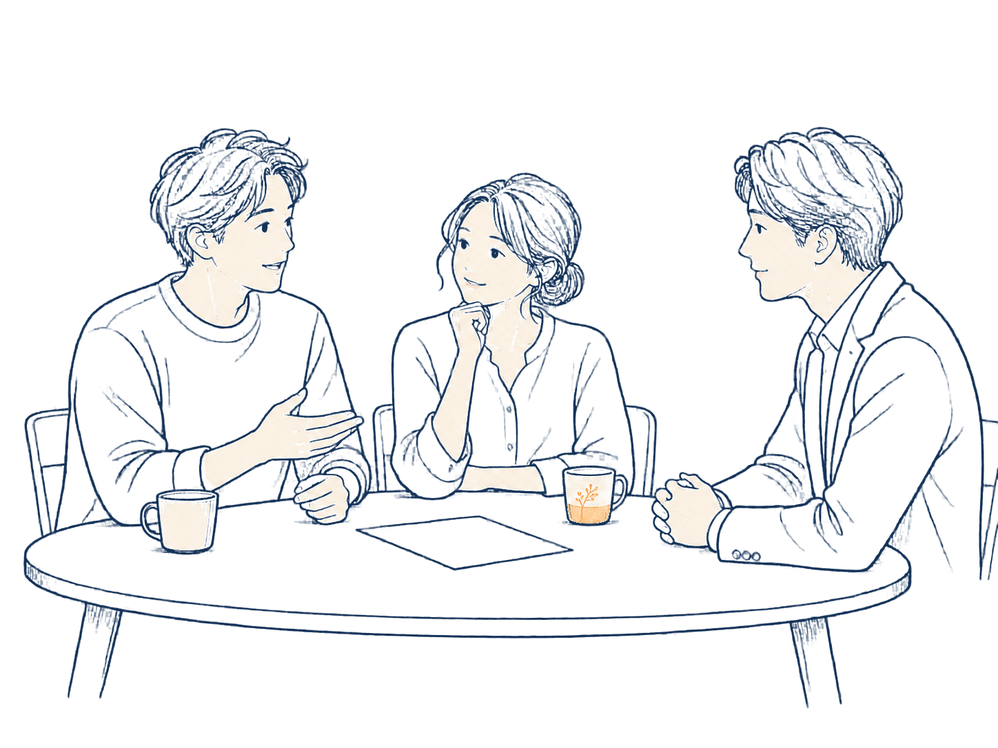 家族と家づくりのパートナーが、テーブルを囲んで話すイラスト