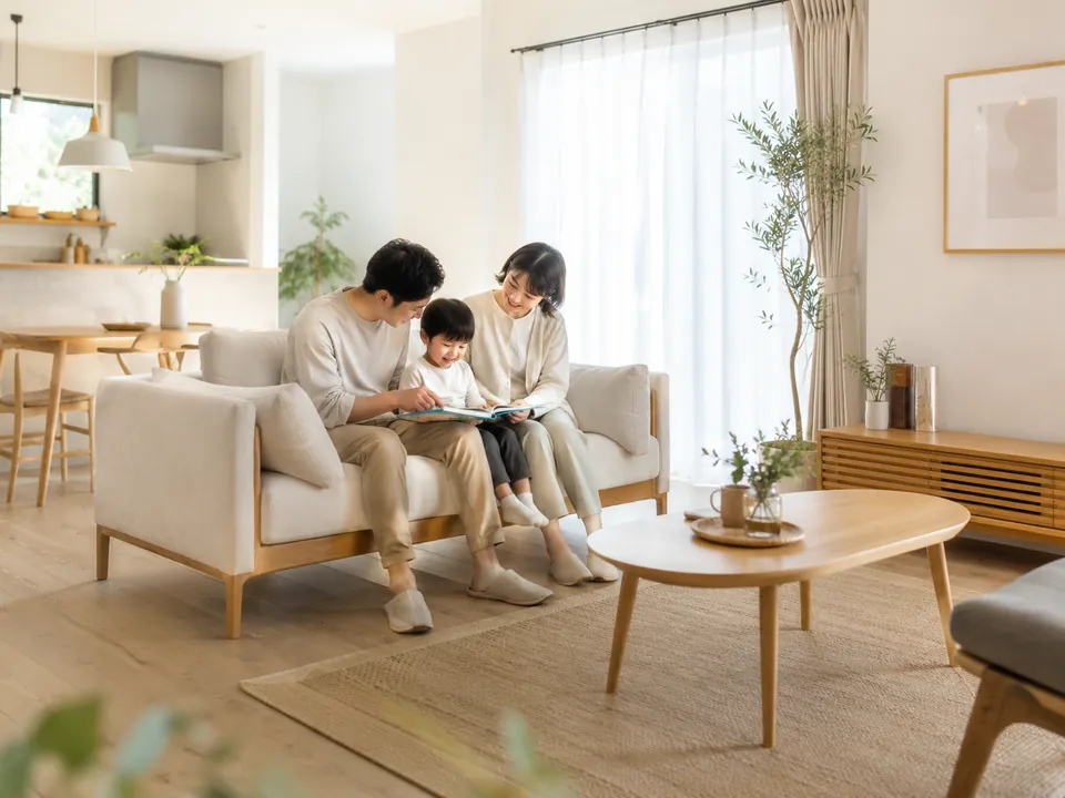 家族が過ごす明るいリビング