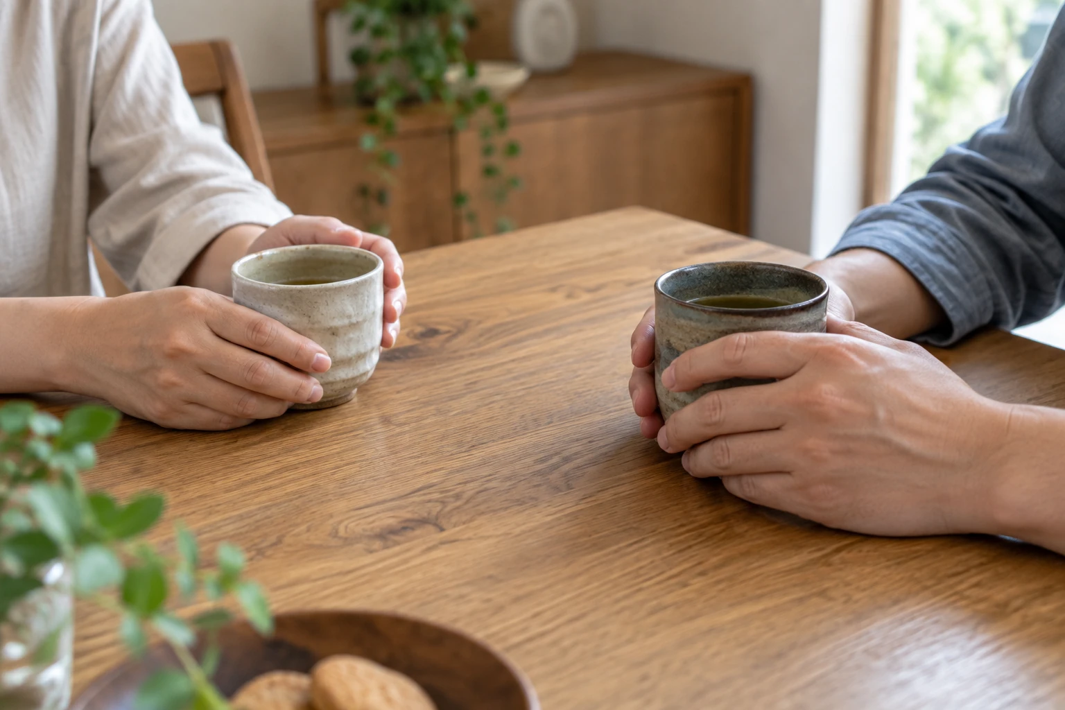 自然光の入る食卓で、お茶を囲む二人の大人の手元