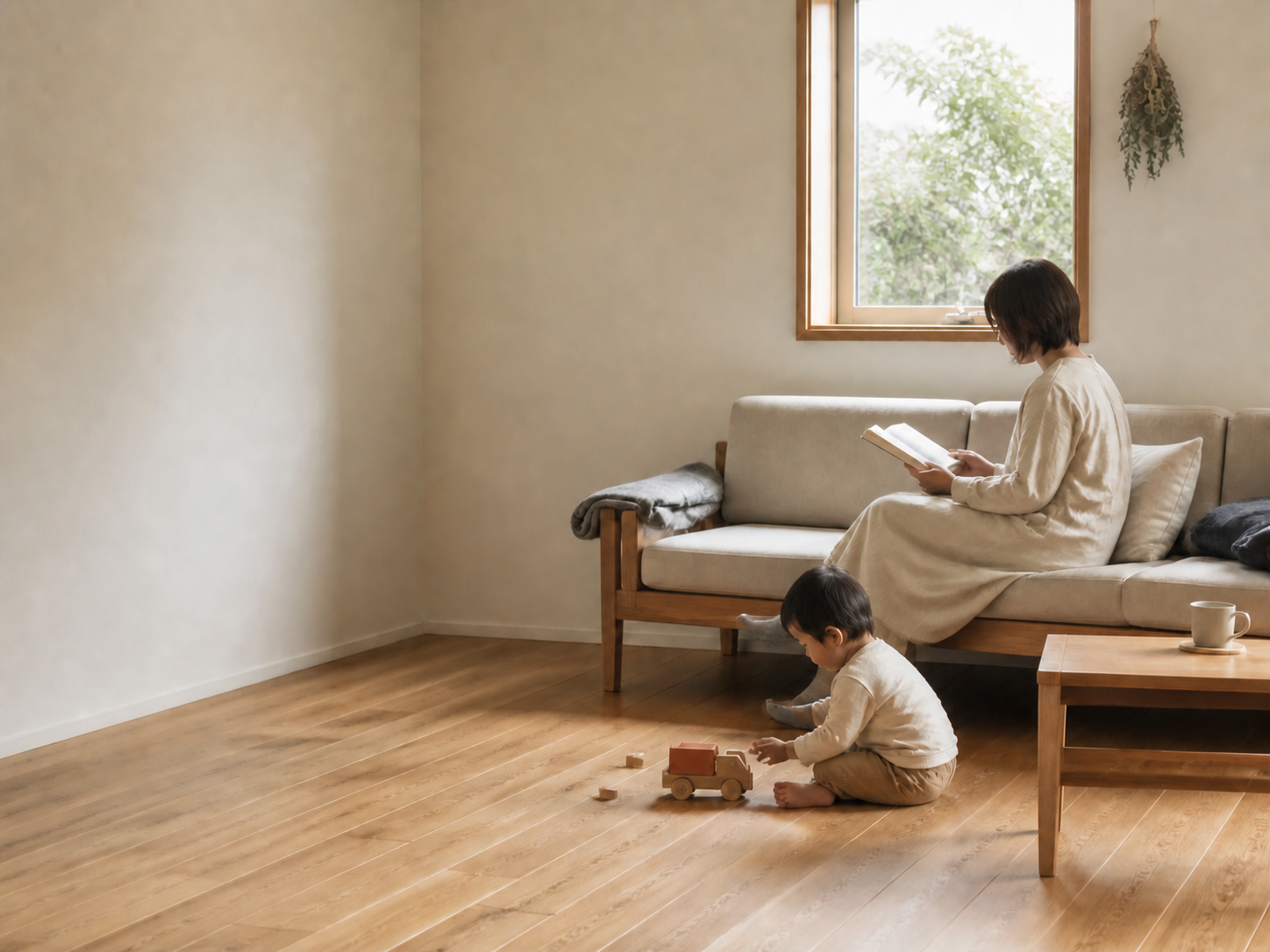 木の温もりある室内で、大人が読書し子どもが床遊びをする様子